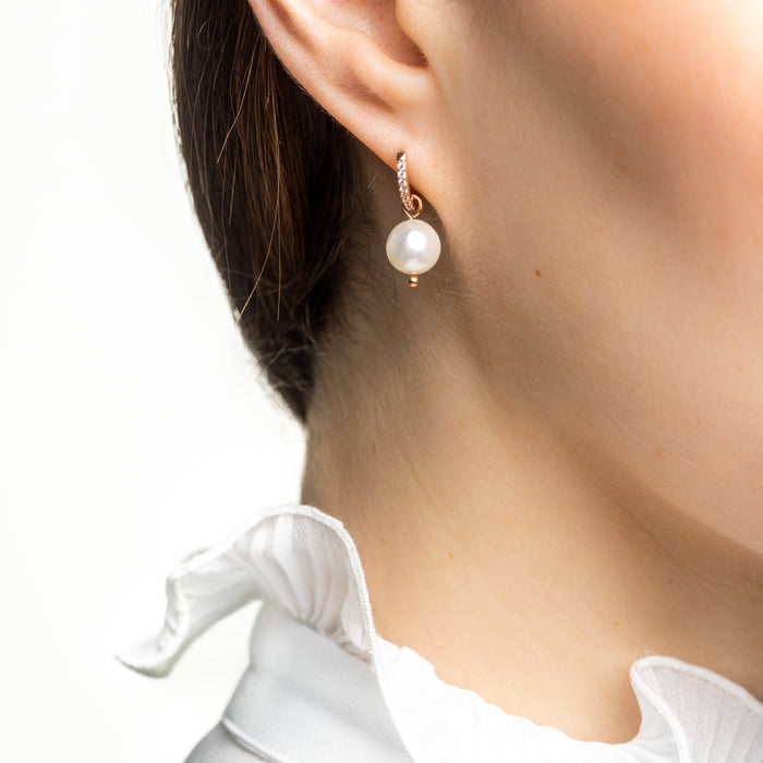 Rose Gold Huggie Hoop Pearl Earrings