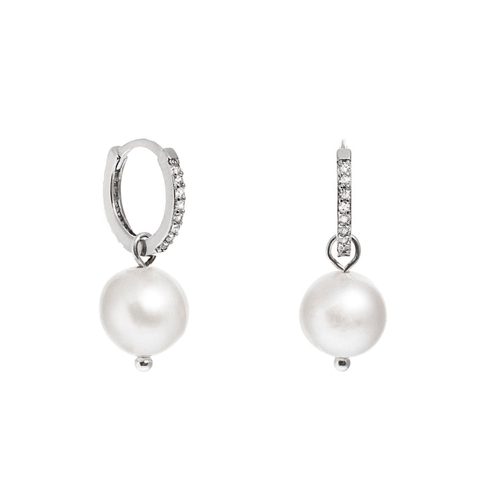 Silver Huggie Hoop Pearl Earrings