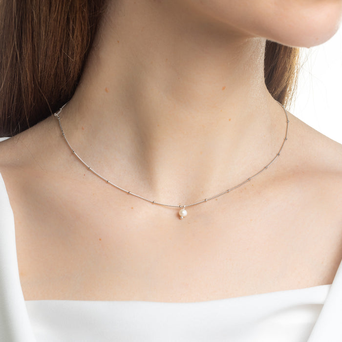 Sterling Silver Single Pearl Satellite Choker Necklace